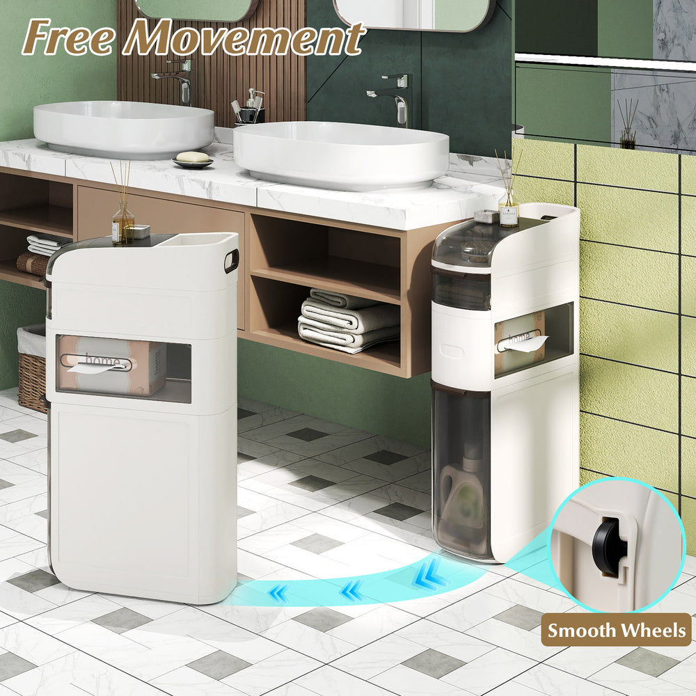 Narrow 4-tier bathroom storage cabinet with drawers, tissue box, and smooth wheels for easy movement in limited spaces.