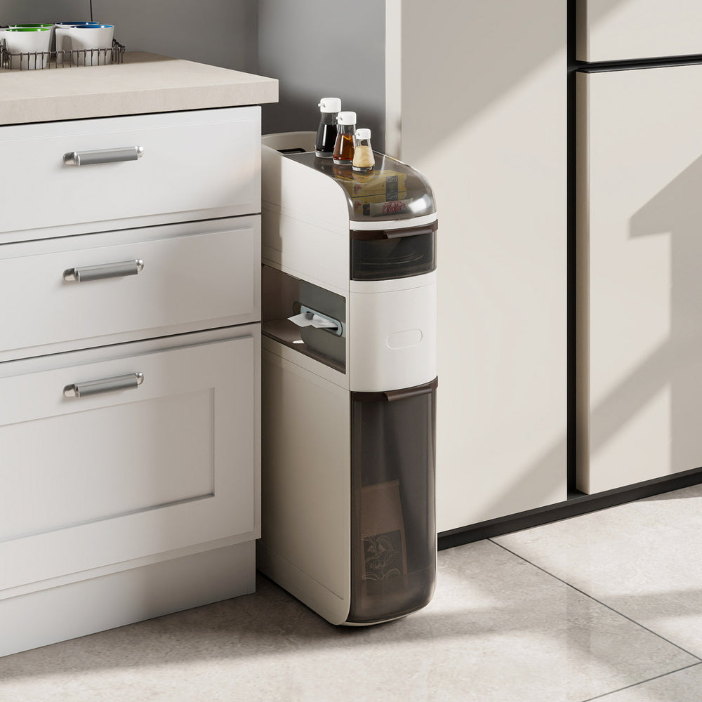 Narrow 4-tier storage cabinet with drawers and tissue box, 7" wide, ideal for bathrooms and kitchens, featuring a.