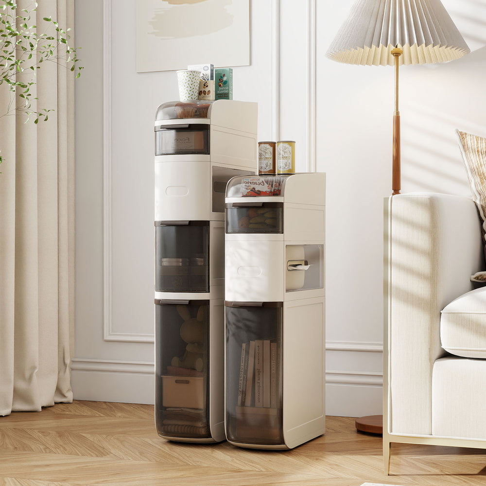 4-tier narrow bathroom storage cabinet with drawers, tissue box, and wheels, ideal for small spaces and versatile use.