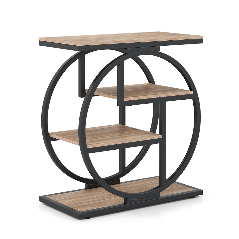 Narrow 4-tier end table in gray with a geometric metal frame and wood-like surface, ideal for small living spaces.