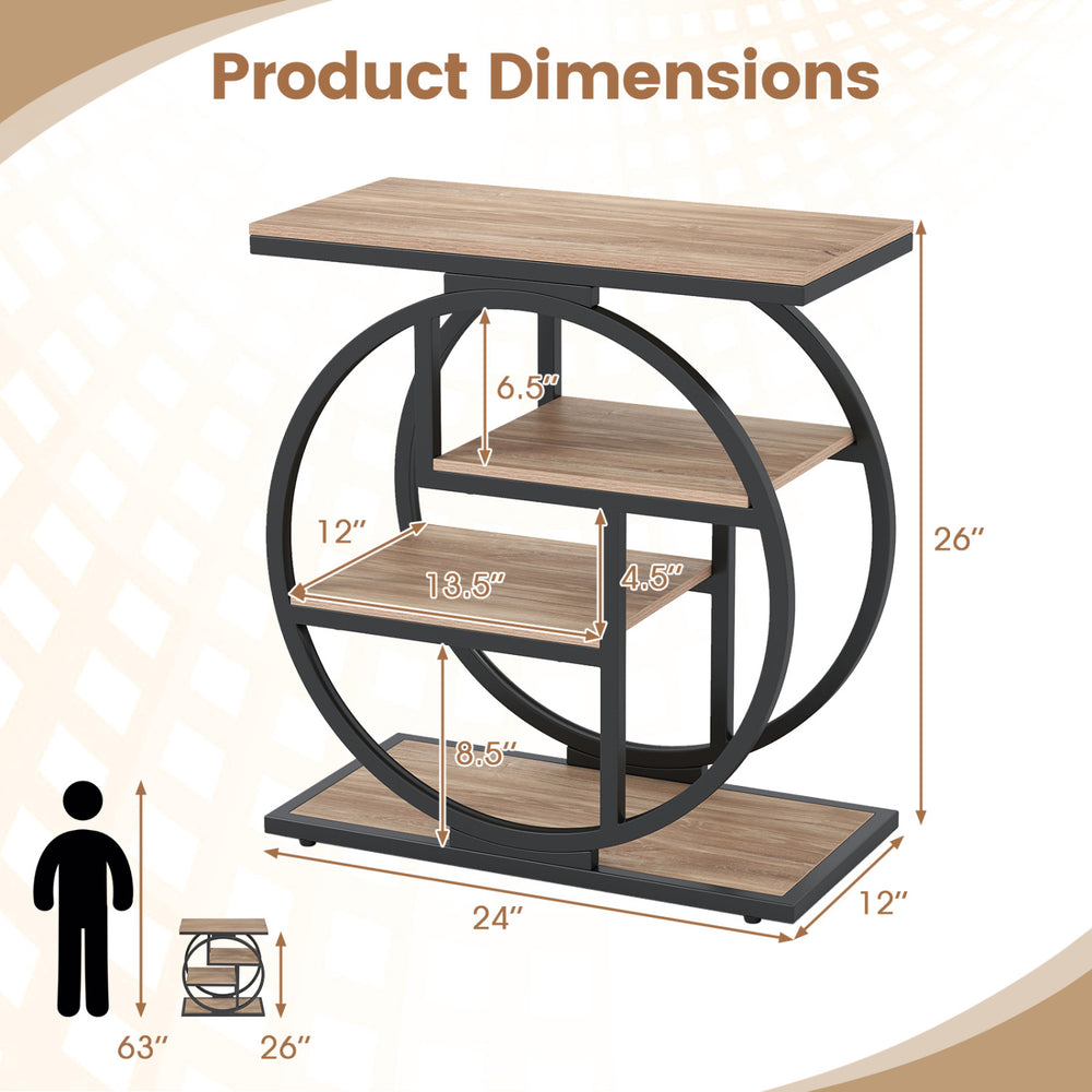 Narrow 4-tier end table in gray features a geometric metal frame and storage shelves, ideal for small living spaces.