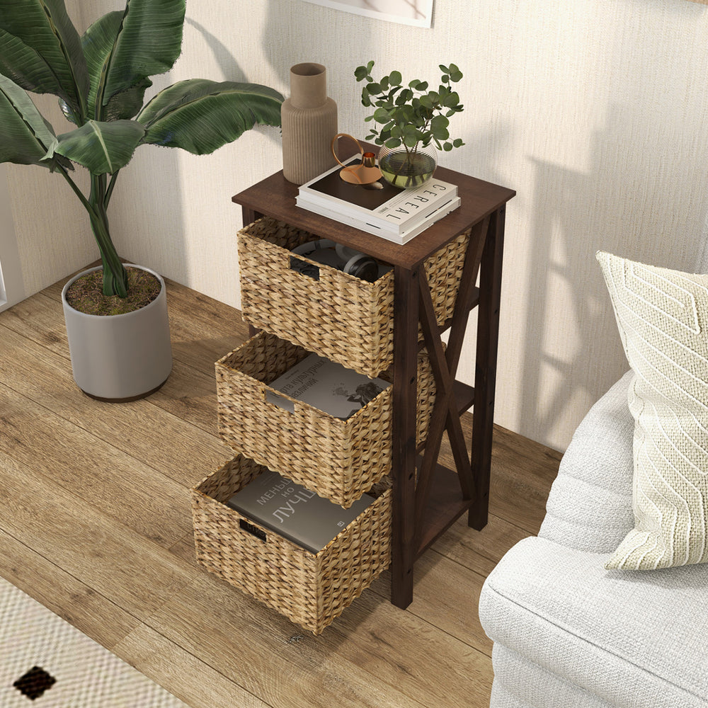 4-Tier Nightstand with 3 Seagrass Baskets Narrow X-Design-4 Tier-Rustic Brown - Gallery View 1 of 9