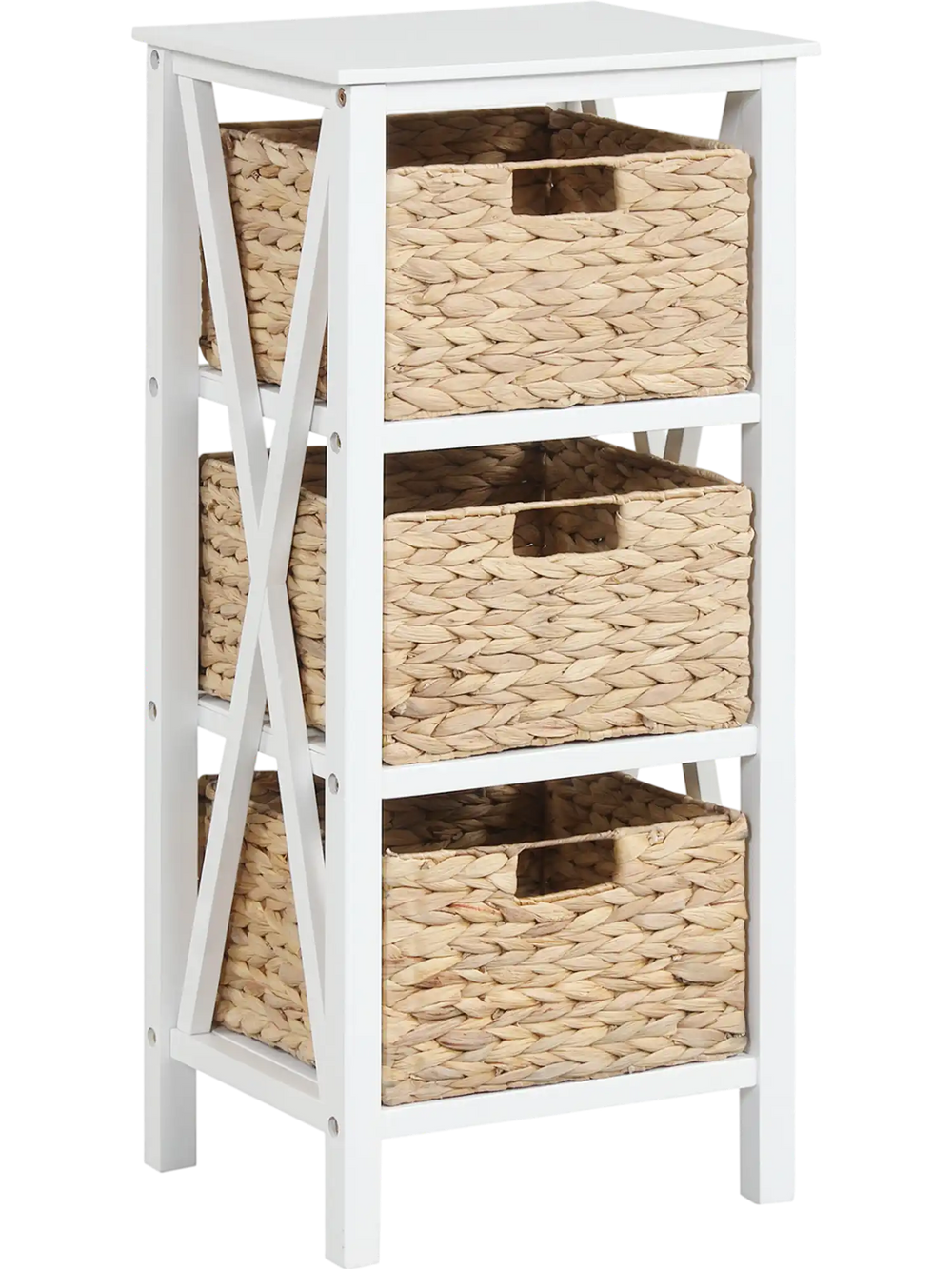 Narrow 4-tier nightstand in white with 3 seagrass baskets, ideal for organized storage in living room or bedroom.