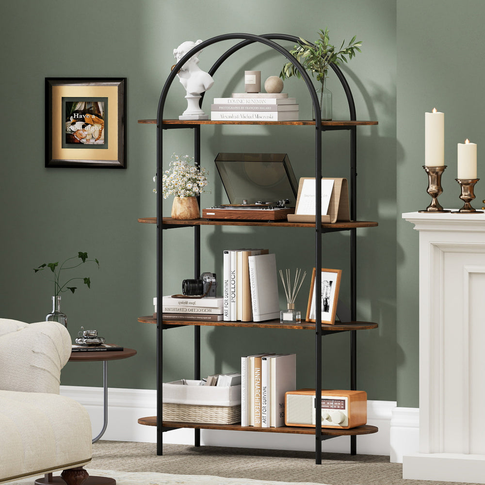 4-tier open bookcase with arched design and sturdy metal frame in rustic brown, perfect for living room organization.