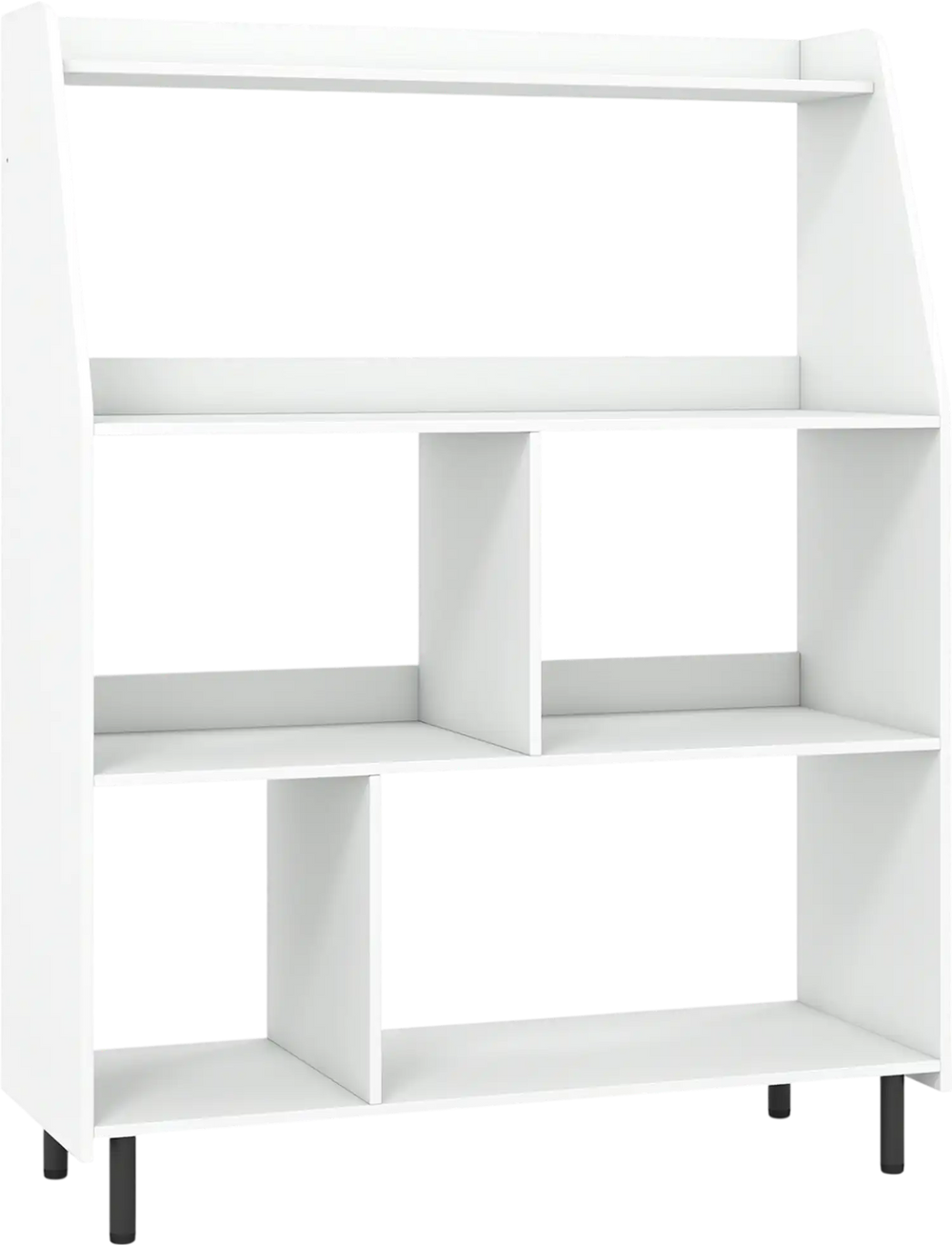 Modern 4-tier open bookcase in white with 4 cubes and anti-tipping kits, ideal for organizing books and decorations.