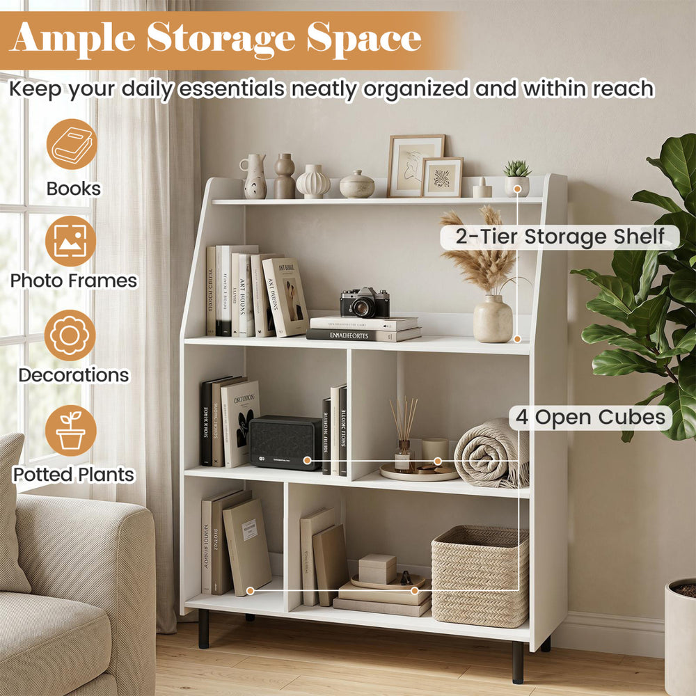 4-tier open modern bookcase in white features 2-tier shelf and 4 open cubes for organizing books and decorations.