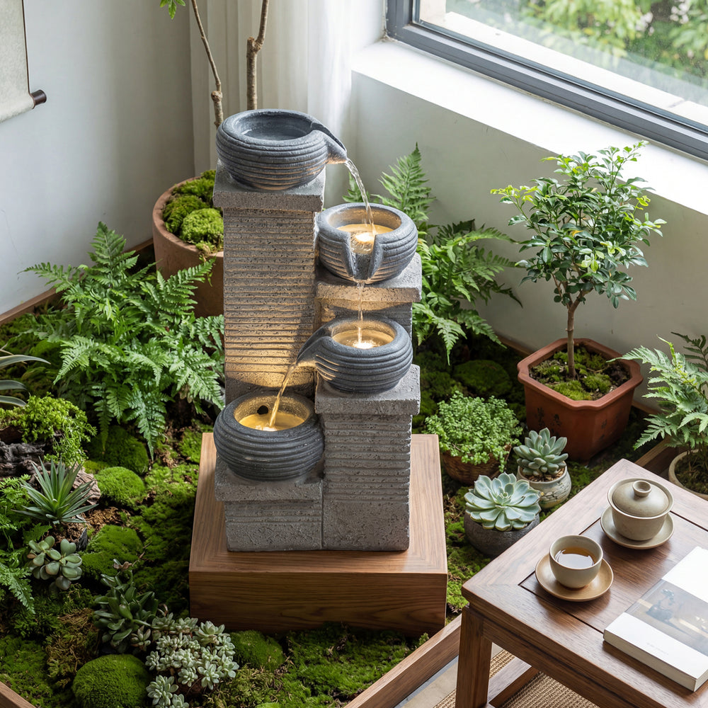 Four-tier outdoor water fountain with cascading bowls and LED lights, creating a calming ambiance for relaxation.
