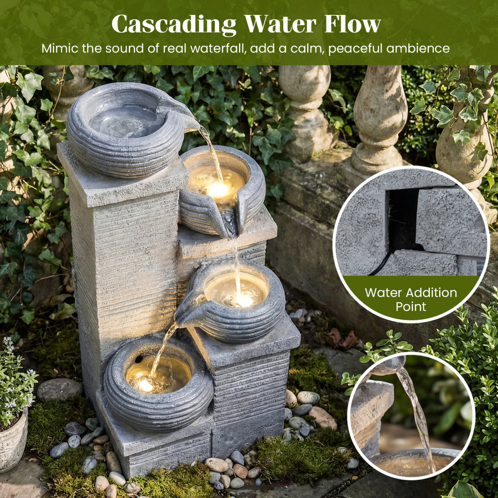 Four-tier outdoor water fountain with LED lights, featuring cascading bowls for a calming ambiance and easy relocation.