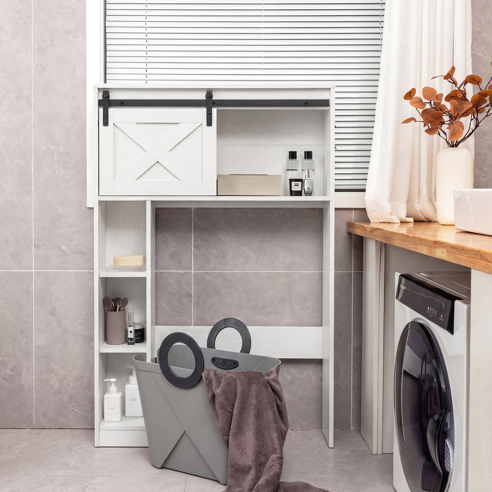 4-Tier Over The Toilet Storage Cabinet with Sliding Barn Door and Storage Shelves-White - Gallery View 1 of 10