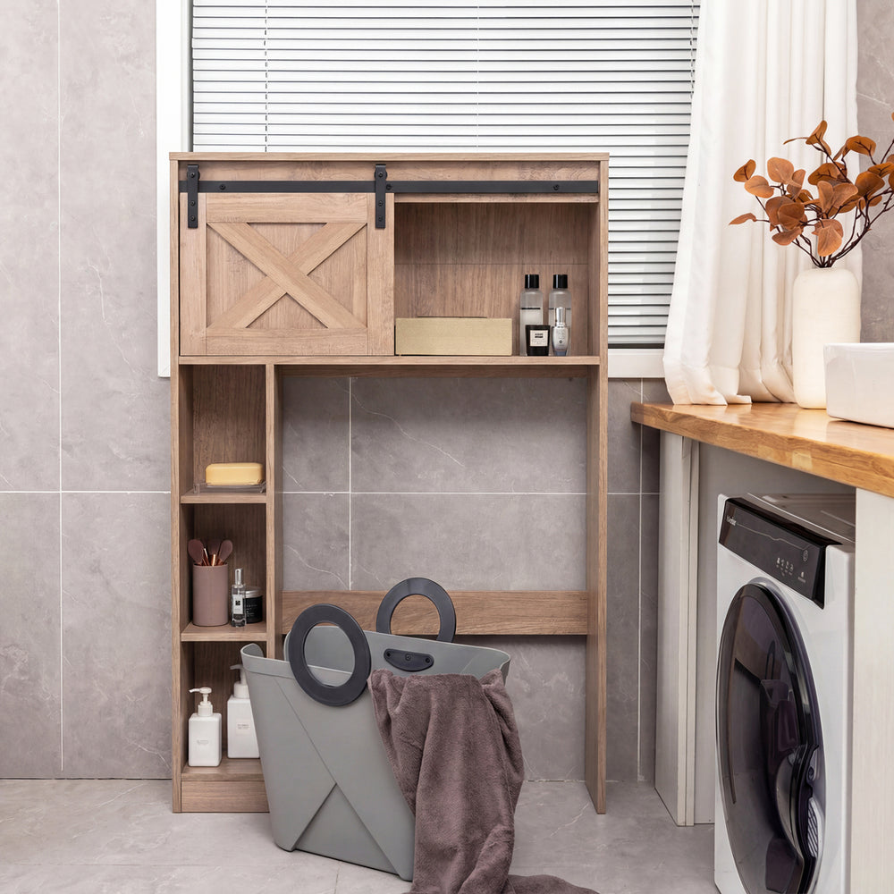 4-Tier Over The Toilet Storage Cabinet with Sliding Barn Door and Storage Shelves-Brown - Gallery View 1 of 10