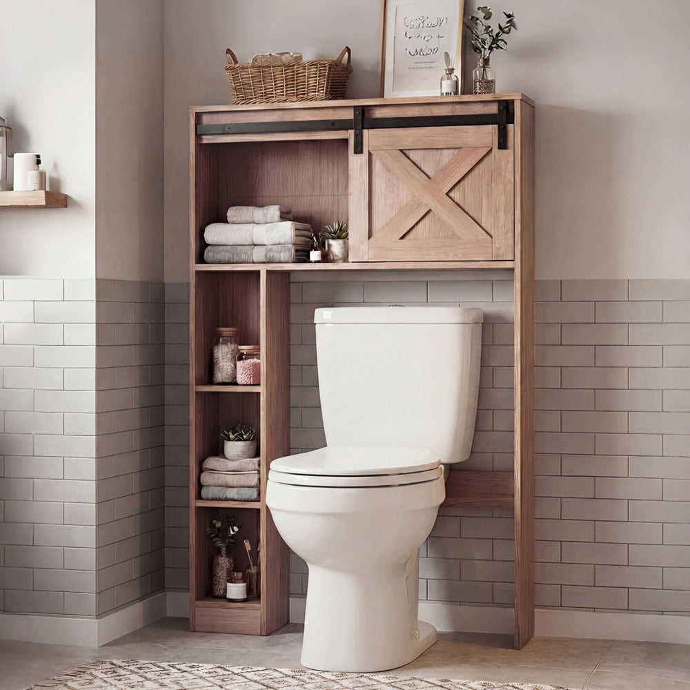 4-tier over the toilet storage cabinet in brown with sliding barn door and shelves for bathroom organization.