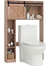 4-tier over the toilet storage cabinet in brown with a sliding barn door and shelves for organized bathroom storage.