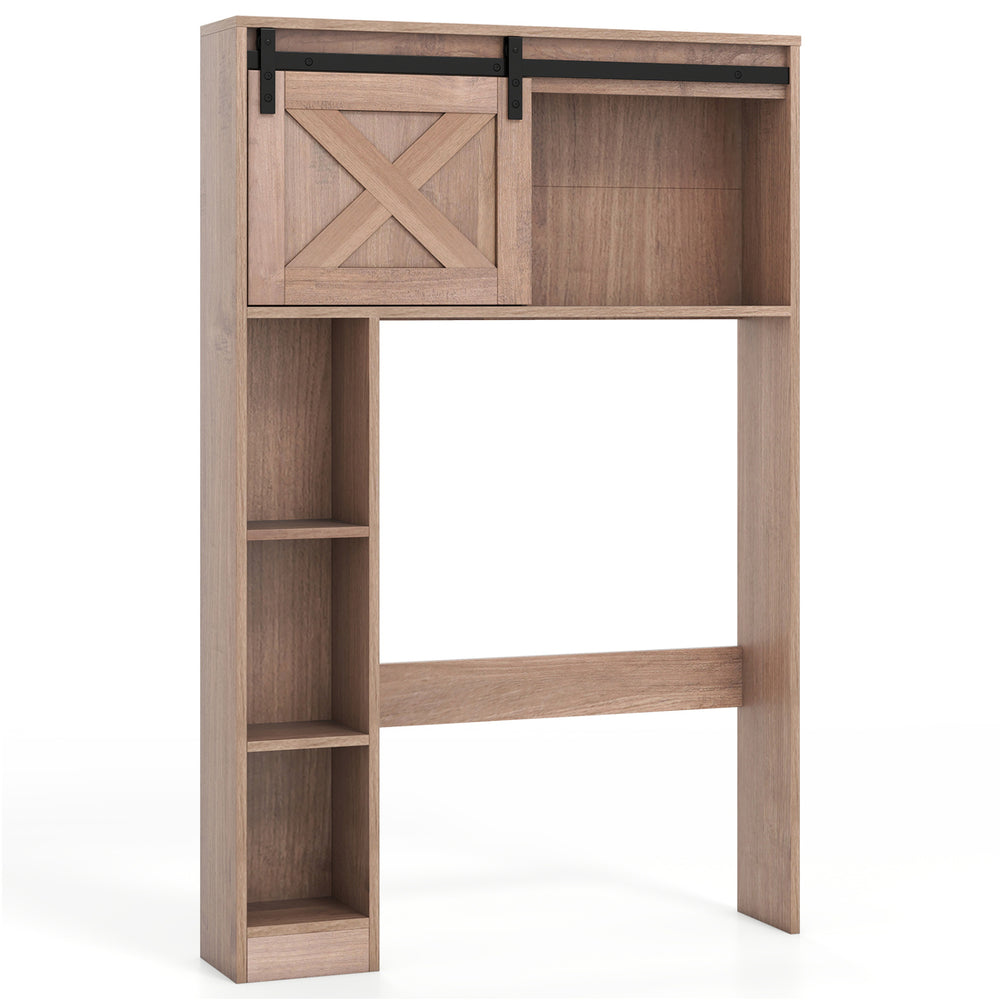 4-tier over the toilet storage cabinet in brown with sliding barn door and shelves, ideal for bathroom organization.