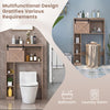 4-tier over the toilet storage cabinet in brown with sliding barn door, perfect for bathroom or laundry room.
