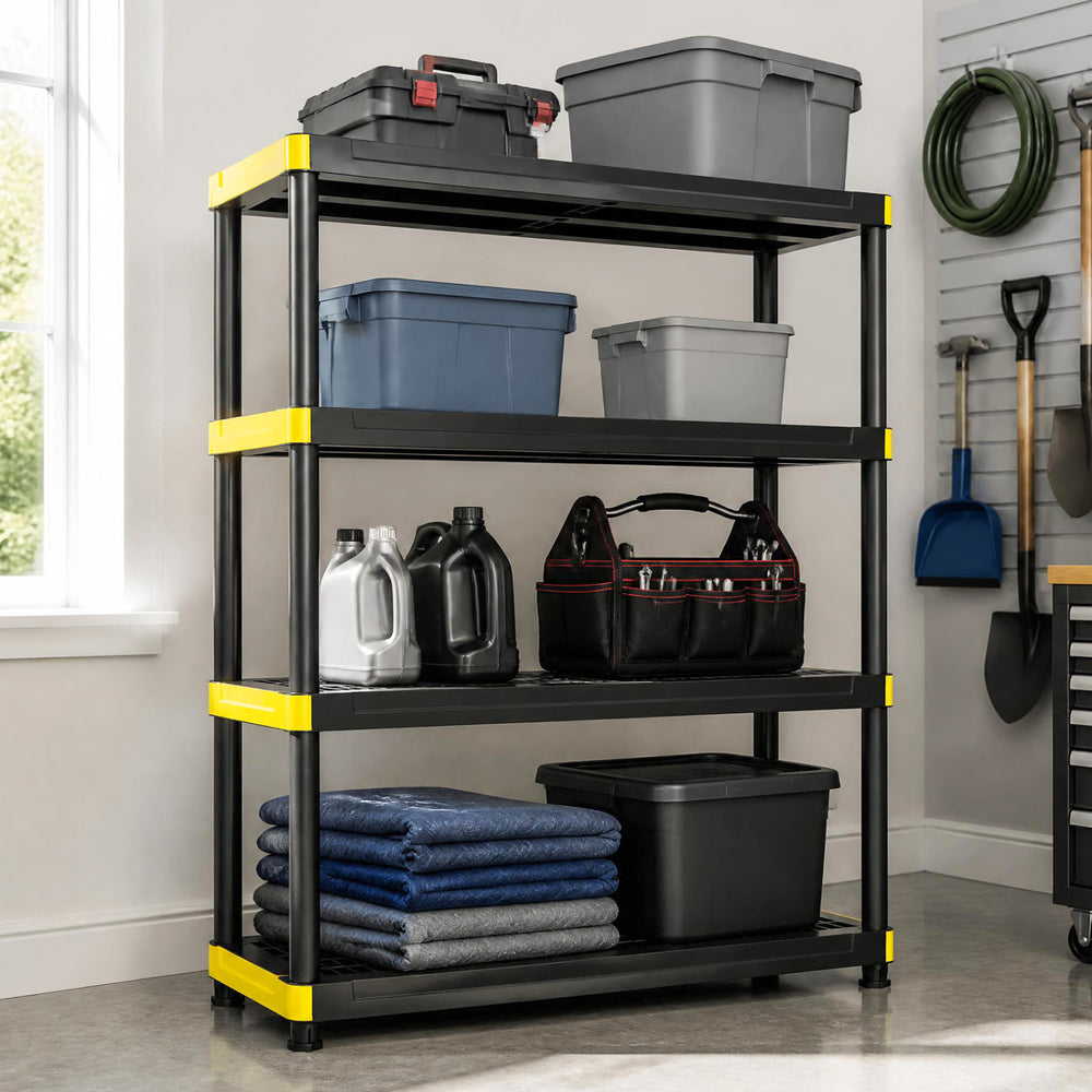 4-tier heavy-duty plastic storage shelf with adjustable feet, ideal for organizing tools and bins in garages or warehouses.