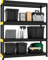 4-tier heavy-duty plastic storage shelf with adjustable feet, ideal for organizing tools and supplies in garages or warehouses.