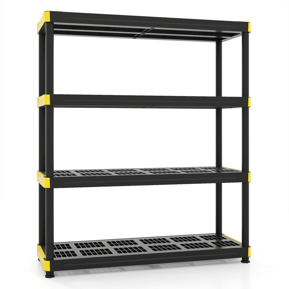 Heavy-duty 4-tier plastic storage shelf with waterproof PP material, ideal for garage or warehouse organization.