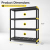 4-tier heavy-duty plastic storage shelf with a 110 lbs capacity per tier, ideal for garage or warehouse organization.