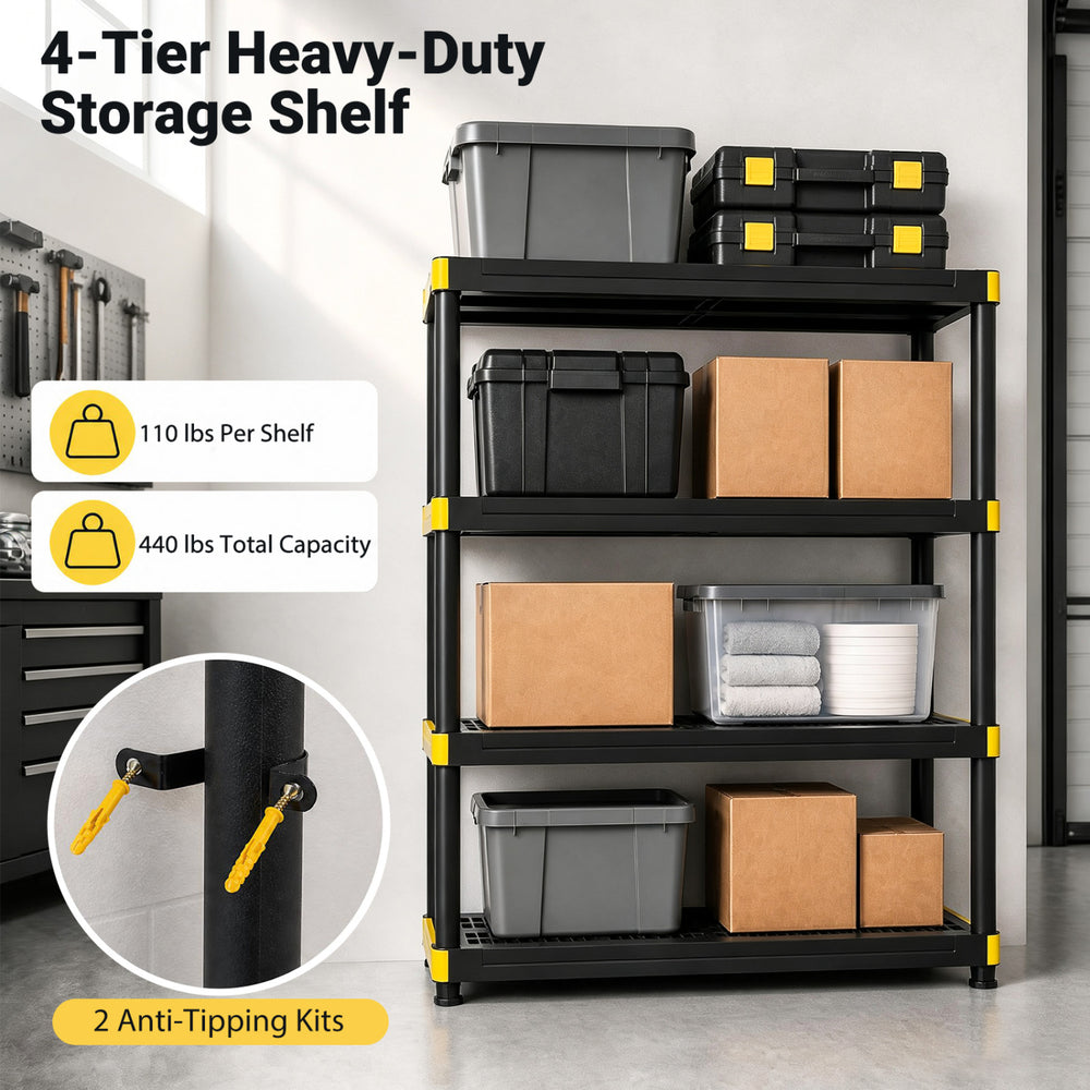 4-tier heavy-duty plastic storage shelf with 110 lbs per shelf capacity, ideal for organizing tools and supplies in garages.