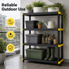 4-tier heavy-duty plastic storage shelf with waterproof design, ideal for organizing tools and supplies in garages or warehouses.