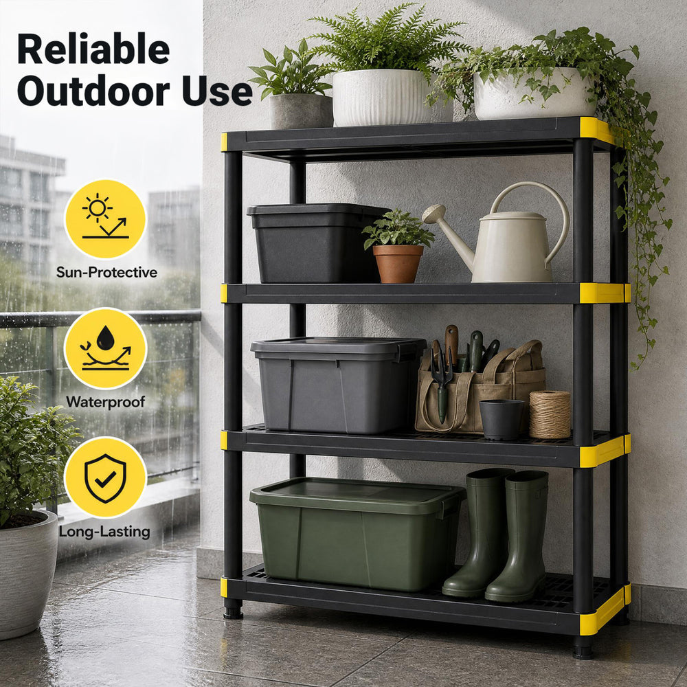 4-tier heavy-duty plastic storage shelf with waterproof design, ideal for organizing tools and supplies in garages or warehouses.