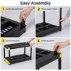 4-tier heavy-duty plastic storage shelf with adjustable feet, easy assembly, and 110 lbs capacity per shelf for versatile use.