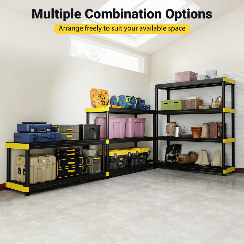 4-tier heavy-duty plastic storage shelf with adjustable feet and anti-tipping kit, ideal for garage or warehouse organization.
