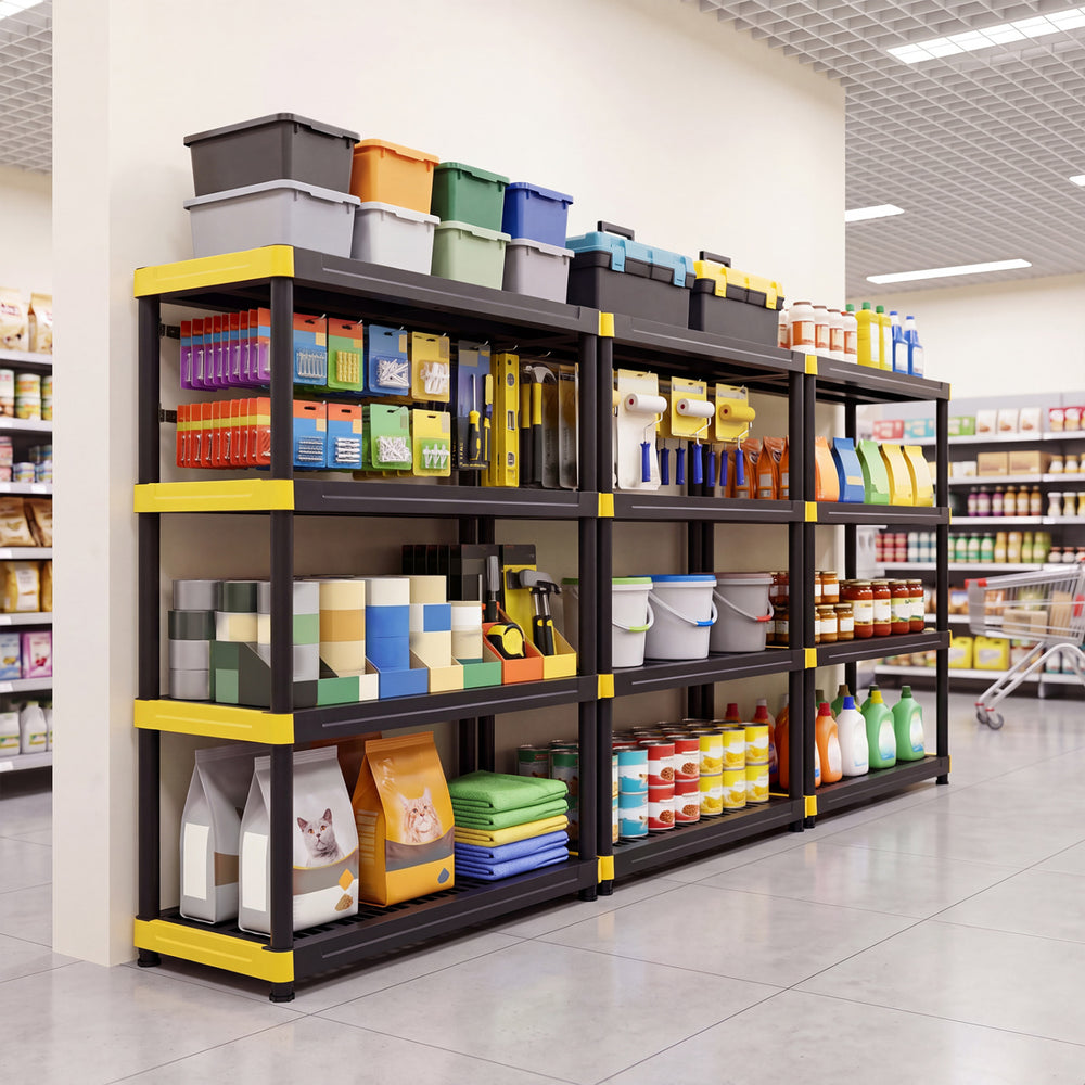 Four-tier heavy-duty plastic storage shelf in black, ideal for organizing tools and supplies in garages or warehouses.