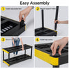 4-tier heavy-duty plastic storage shelf with adjustable feet, designed for versatile use in garages or warehouses.