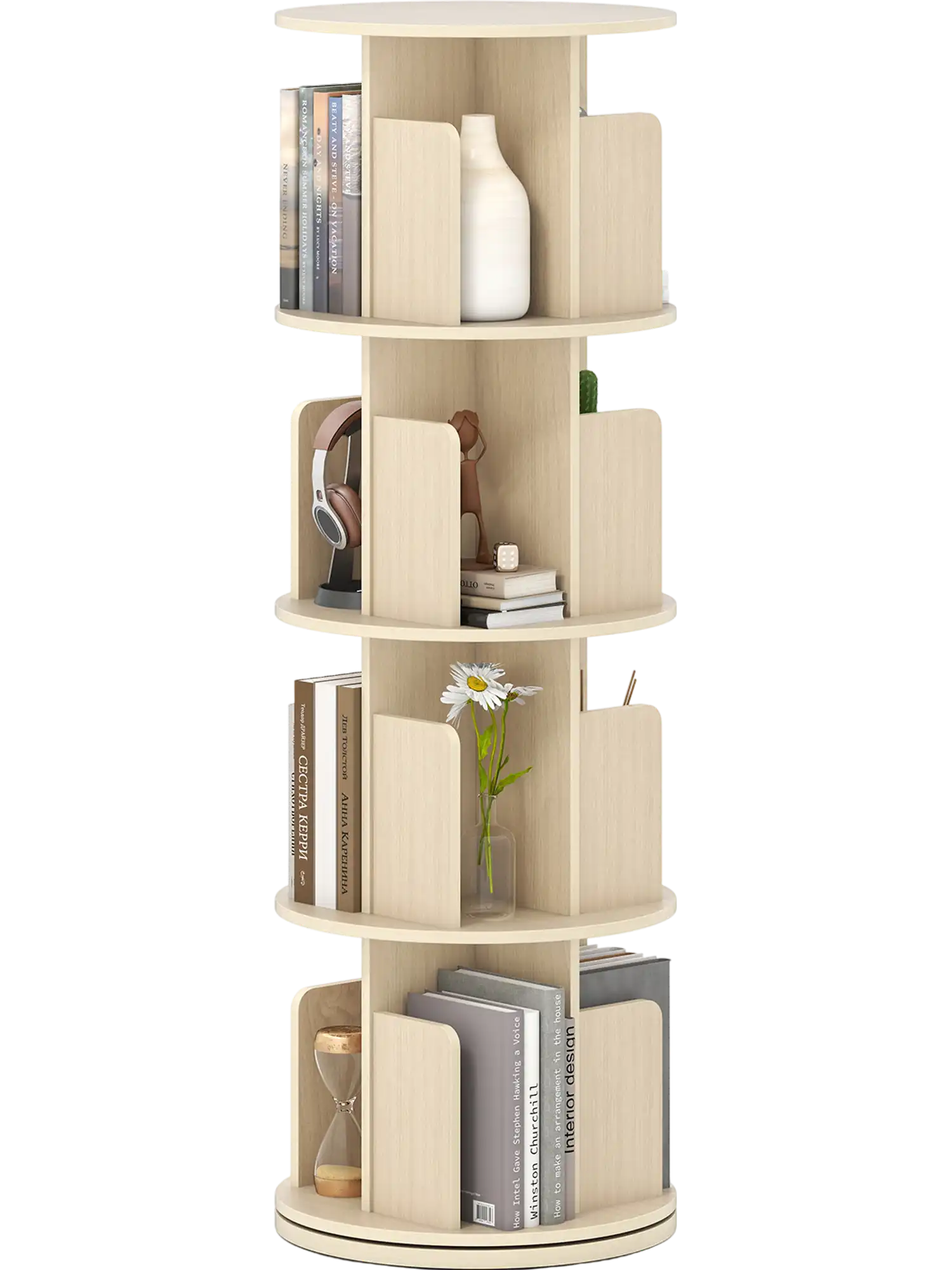 Costway 4-Tier 360° Rotating Bookshelf Display Rack with Dividers Anti-Falling Baffles 96528101 New