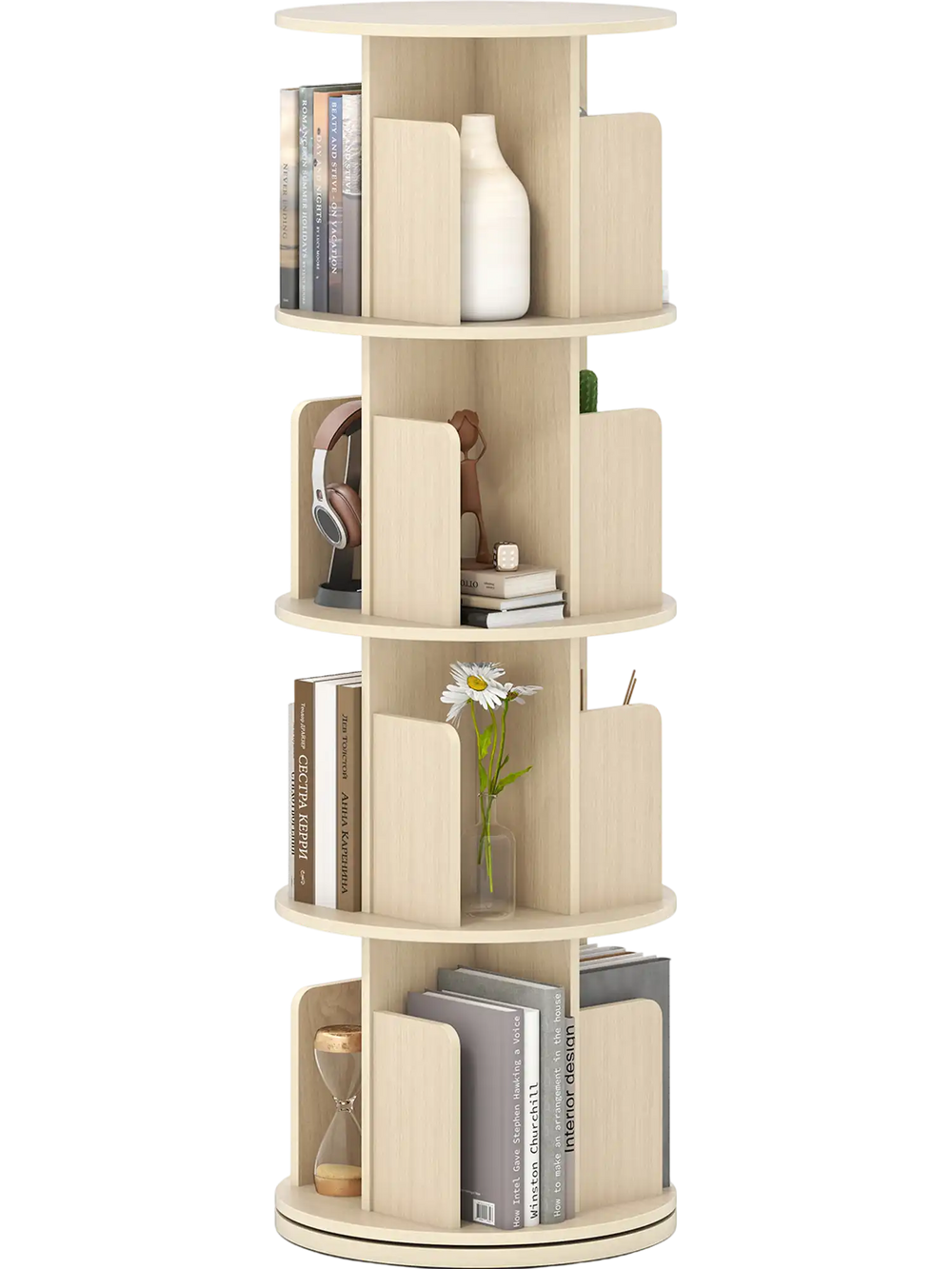 4-tier rotating bookshelf in natural finish with dividers, offering 360° display and ample storage for books and decor.