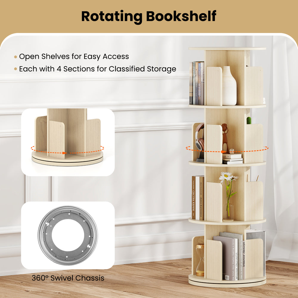 4-tier rotating bookshelf with open shelves, dividers, and anti-falling baffles for organized storage in natural finish.