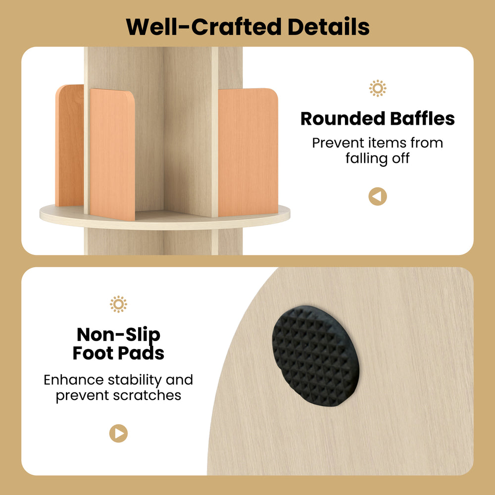Close-up of the 4-tier rotating bookshelf showcasing rounded baffles and non-slip foot pads for stability and.