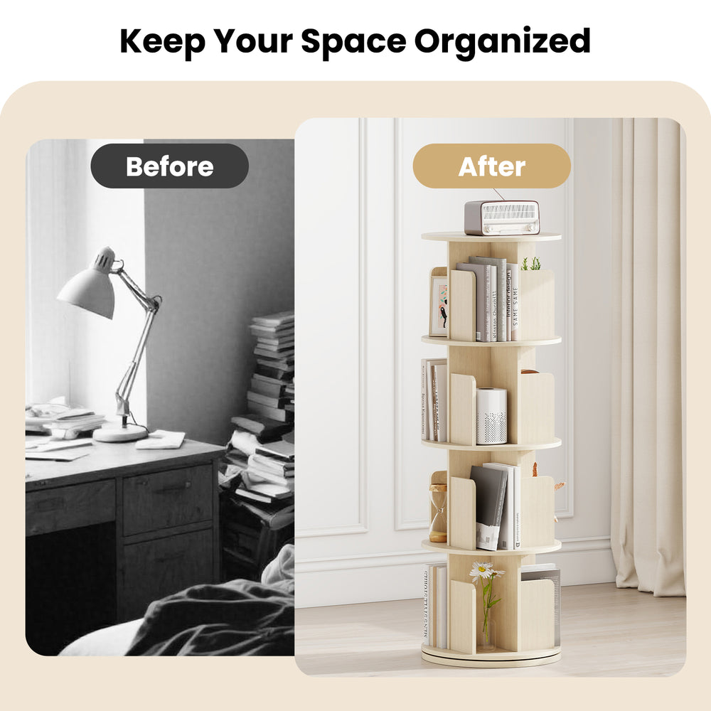 4-tier rotating bookshelf with dividers and anti-falling baffles for organized storage and easy access to items.