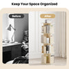 4-tier rotating bookshelf with dividers and anti-falling baffles for organized storage and easy access to items.