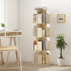 4-tier rotating bookshelf in natural finish with dividers, ideal for organized storage and flexible 360° display.