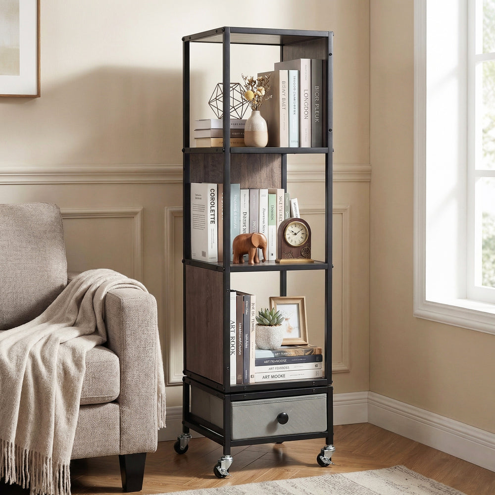 4-Tier Rotating Bookshelf on Wheels with Removable Drawer-Gray - Gallery View 1 of 10