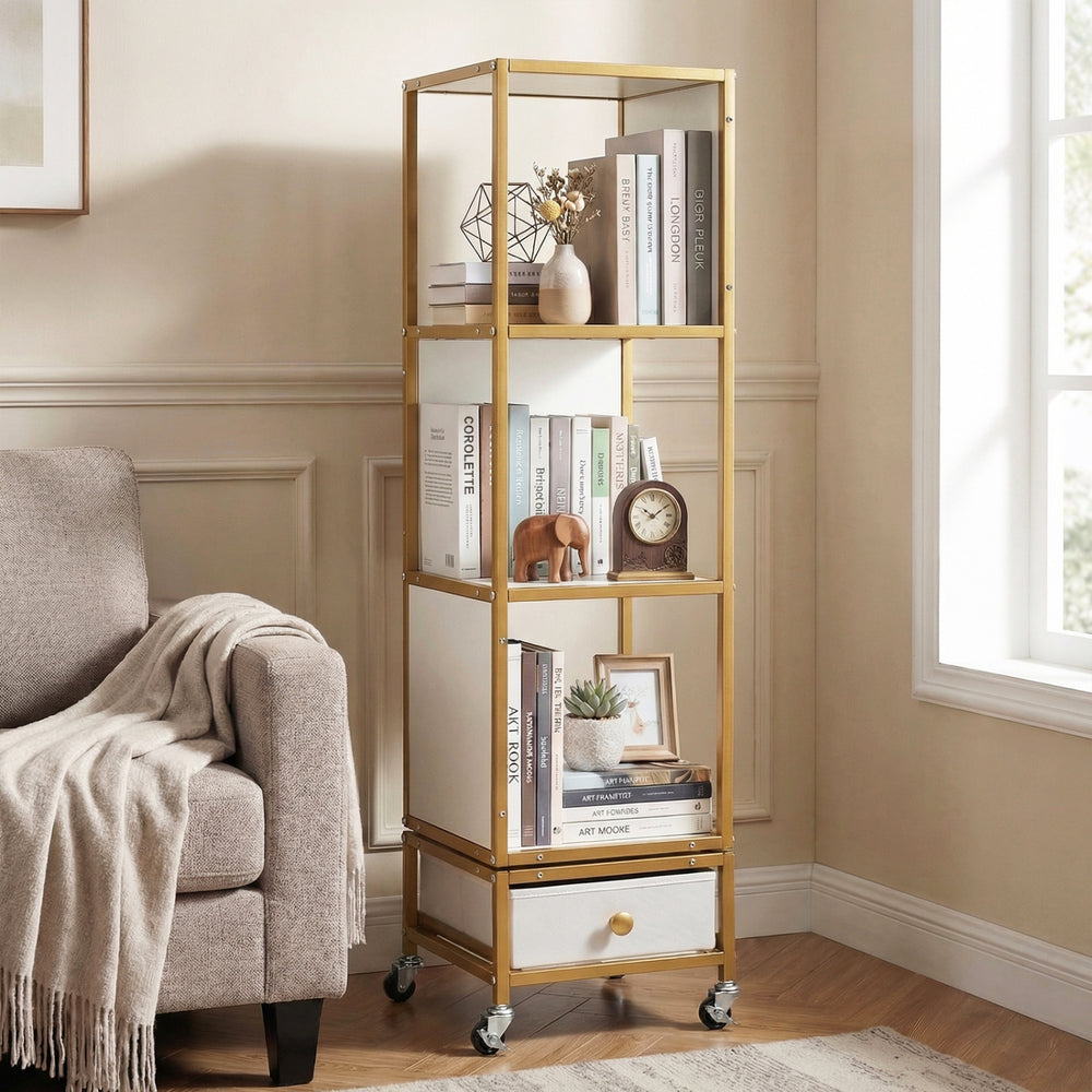 4-tier rotating bookshelf on wheels with a removable drawer, featuring a gold metal frame and spacious open shelves for organization.
