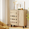 4-tier shoe cabinet with louvered doors in natural wood finish, featuring ample storage and removable shelves for.