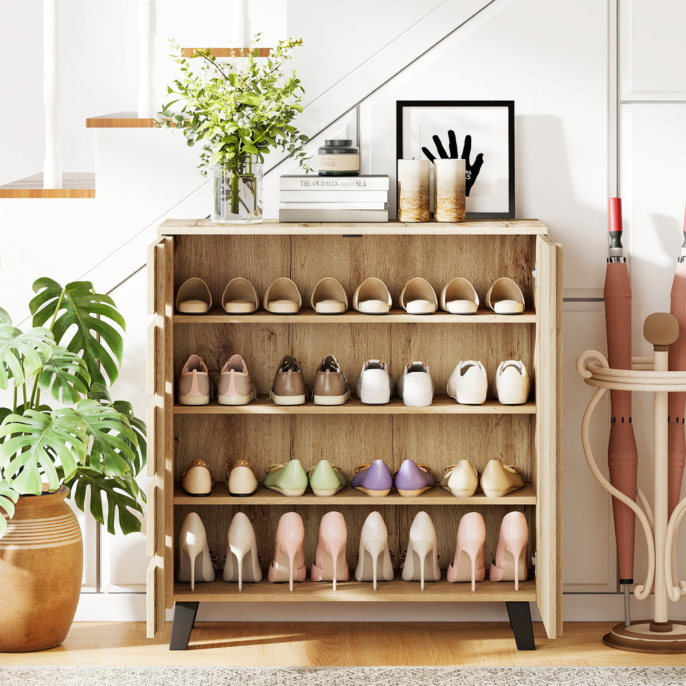 4-tier shoe cabinet with louvered doors, natural wood finish, and ample storage for organized shoe display.