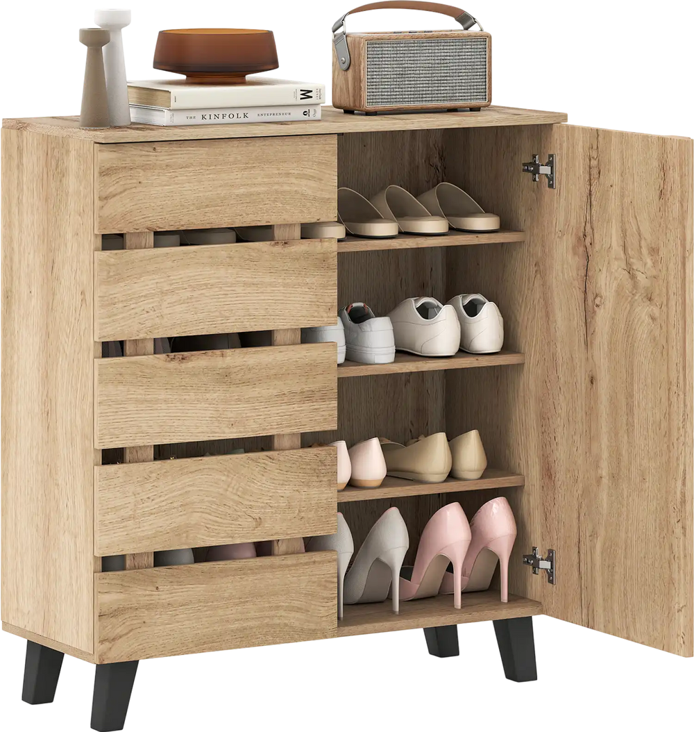 4-tier shoe cabinet with louvered doors, natural wood finish, and removable shelves for organized shoe storage.