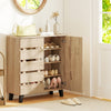 4-tier shoe cabinet with louvered doors in natural wood finish, featuring removable shelves for organized storage.