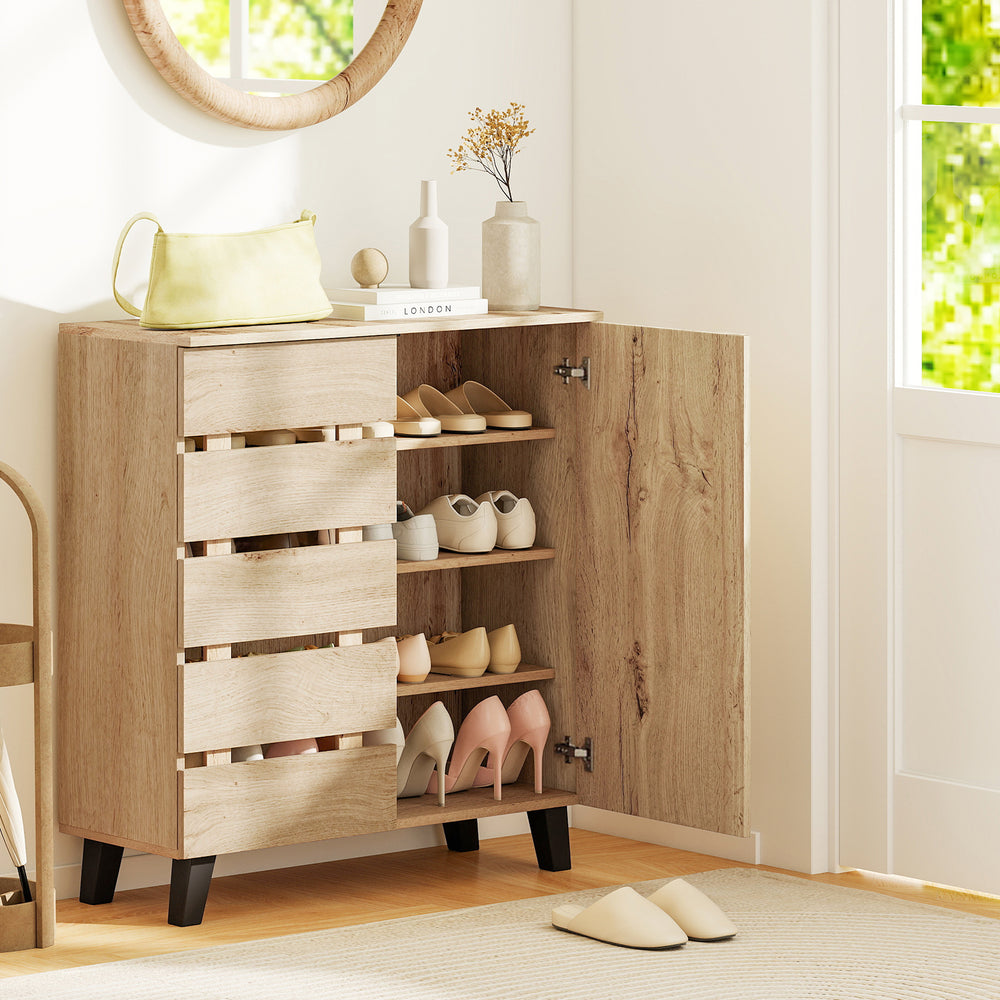 4-tier shoe cabinet with louvered doors in natural wood finish, featuring removable shelves for organized storage.