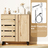 4-tier shoe cabinet with louvered doors in natural wood finish, featuring anti-tipping kit for secure wall placement.