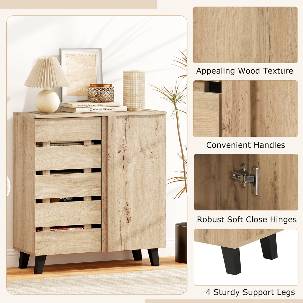 4-tier shoe cabinet with louvered doors, natural wood finish, and sturdy support legs for organized shoe storage.