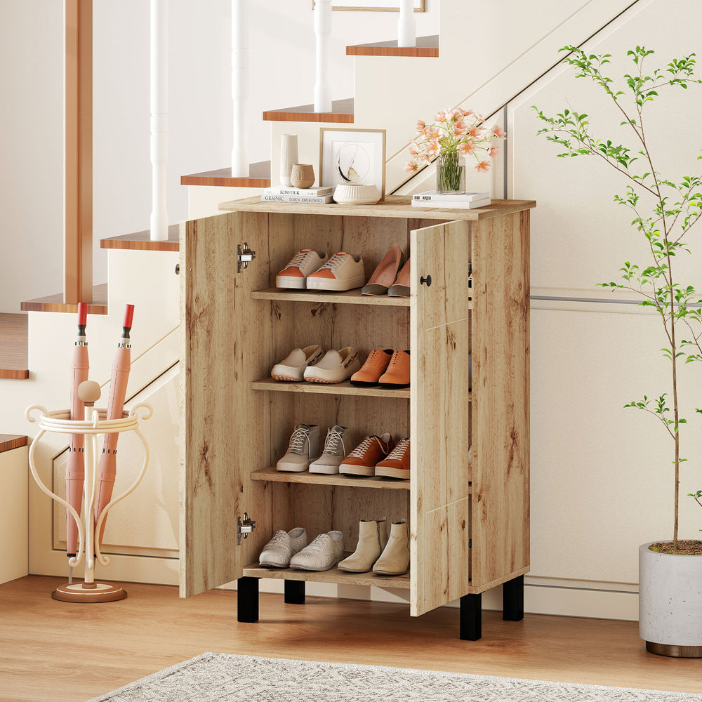4-tier shoe organizer with natural wood grain finish, featuring removable shelves and two doors, perfect for entryways.