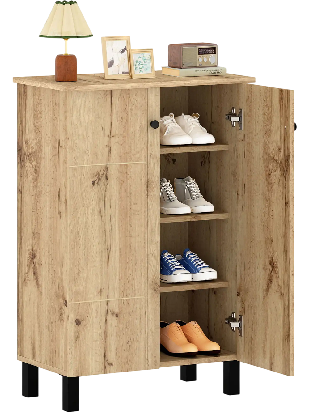 4-tier shoe organizer with natural wood grain finish, featuring removable shelves and two doors for stylish storage.