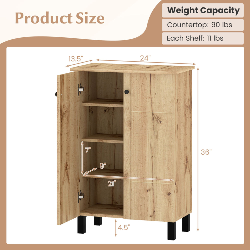 4-tier shoe organizer in natural wood finish with removable shelves and doors, ideal for entryways and living rooms.