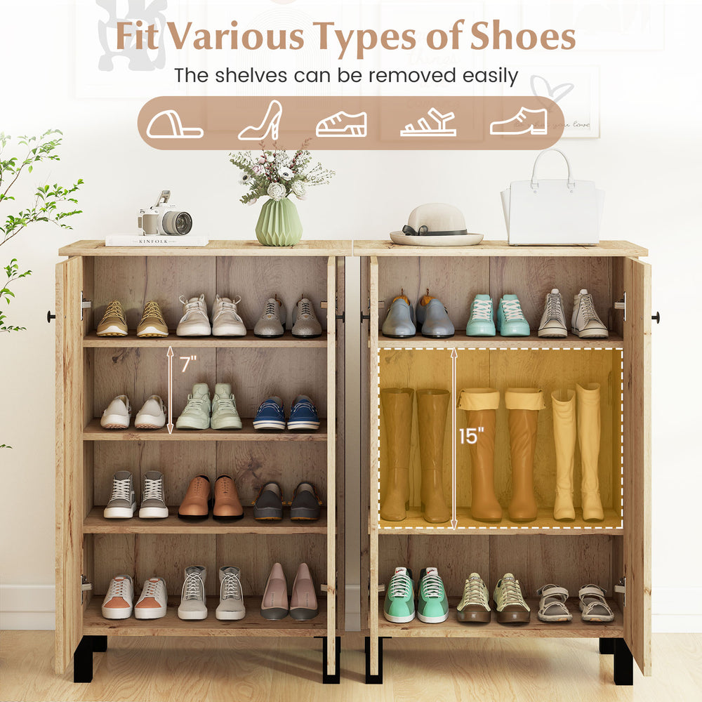 4-tier shoe organizer with removable shelves, natural wood finish, ideal for entryways and living rooms.