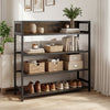 4-tier shoe rack with a heavy-duty metal frame in rustic brown, featuring woven baskets and space for shoes.